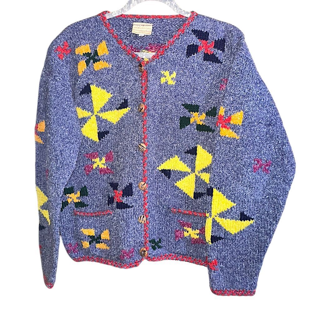 Vintage 90s Hand-Knit Windmill Pocket Button-up Wool Blend Sweater Cardigan (L)‎